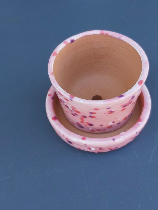 pot à cactus et sa coupelle rose moucheté