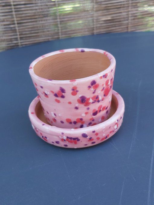 pot à cactus et sa coupelle rose moucheté