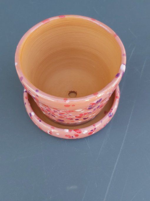 pot à cactus et sa coupelle rose moucheté